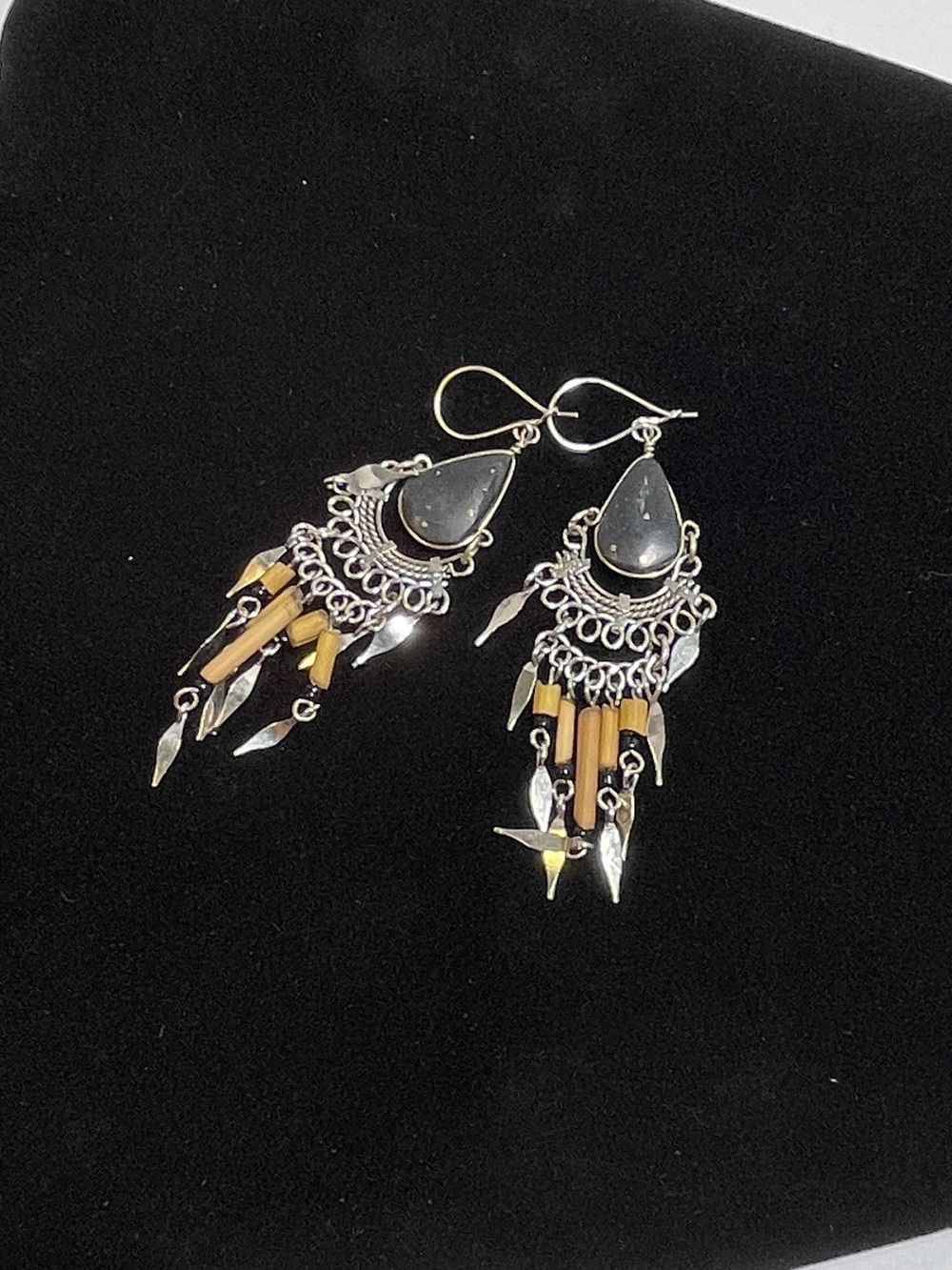 Vintage Native American Style Bamboo Bead W/ Black Teardrop Shape Stone Earrings